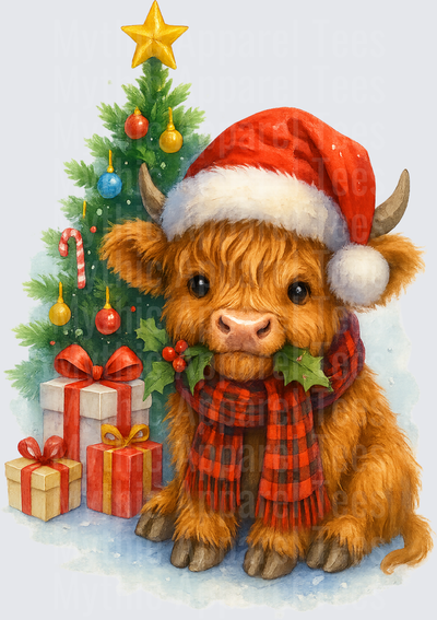 Highland Christmas Cow Baby Calf Santa Hat Plaid Scarf Holly