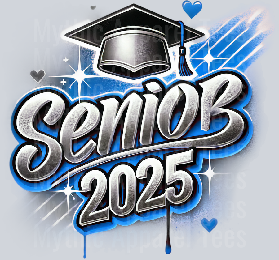 003 Senior 2025 Airbrushed Lt Blue and Black DTF 2025 Senior Graduation Transfers