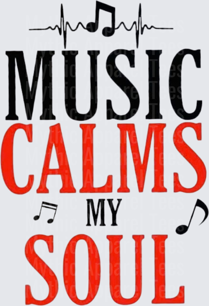 Music Calms My Soul Black and Red Bold Typography with Heartbeat Line and Musical Notes
