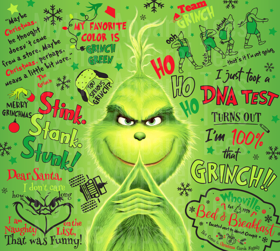 The Grinch Holiday Collage with Quotes Stink Stank Stunk Merry Grinchmas 100% That Grinch Green Christmas Design