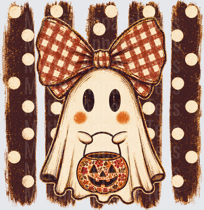 Fall Designs Cute Ghost with Buffalo Plaid Bow Holding Floral Jack-O-Lantern Pumpkin on Rustic Polka Dot Stripe Background