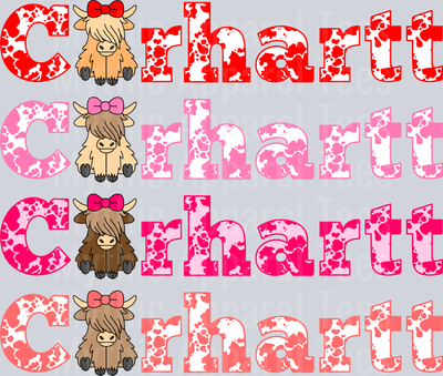 Red Pink Dark Pink and Coral Carhartt Highland Cows DTF Carhartt Highland Cow Transfers