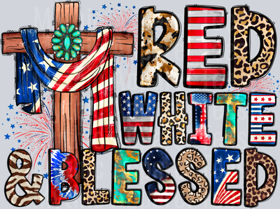 Red White And Blessed cross 4th of july DTF Patriotic Transfers