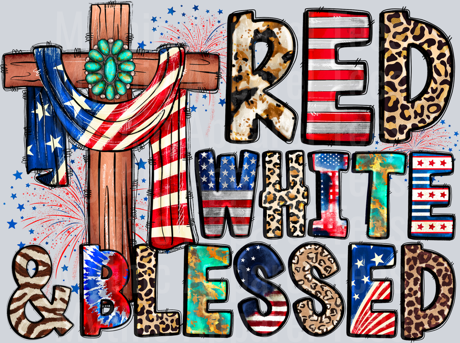 Red White And Blessed cross 4th of july DTF Patriotic Transfers