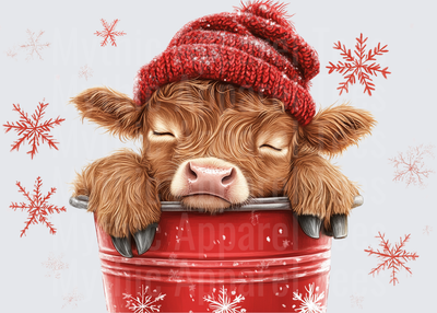 Highland Christmas Cow Sleeping in Red Bucket with Snowflakes