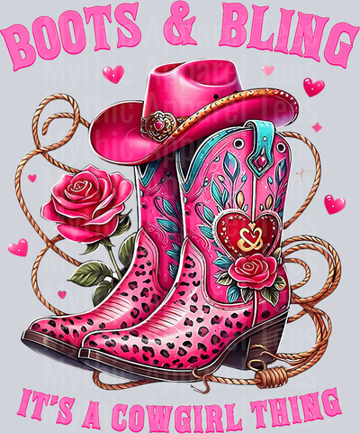 Boots and Bling It's a cowgirl thing red rose pink boots DTF Western Girl Transfers