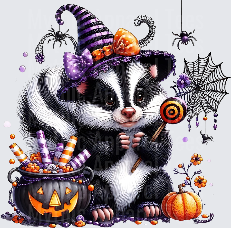 Cute Halloween Skunk Witch Hat Cauldron Candy Lollipop Pumpkin Spiderweb