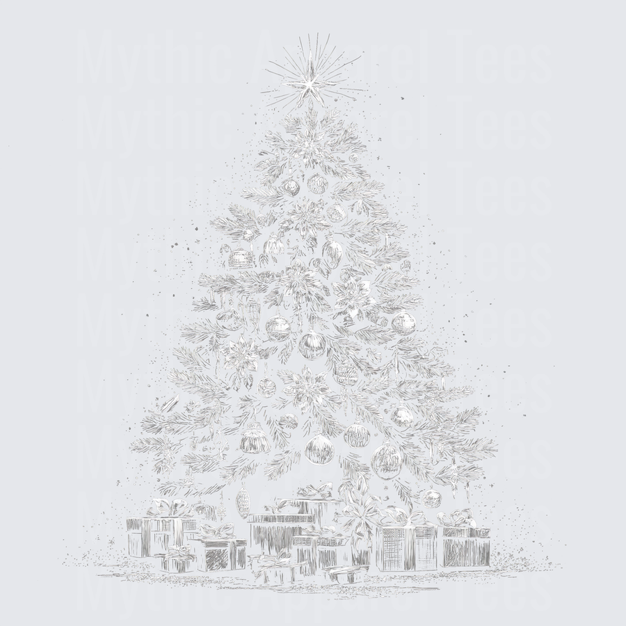 Vintage Sketch Christmas Tree with Ornaments Star Topper and Wrapped Gifts