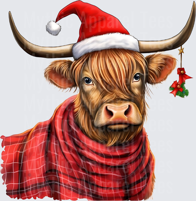 Highland Christmas Cow Santa Hat Plaid Scarf Mistletoe Horn