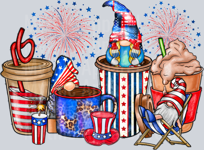 American Coffee Cups And Gnome 4th of july DTF Patriotic Transfers