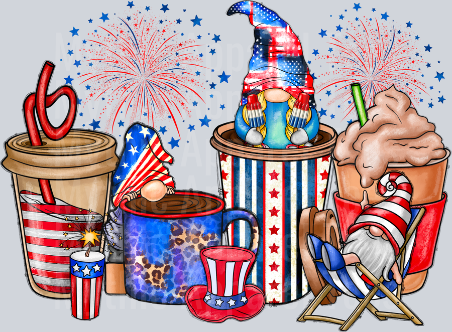 American Coffee Cups And Gnome 4th of july DTF Patriotic Transfers