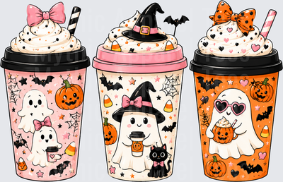 Cute Ghost Halloween Coffee Cup Trio with Whipped Cream Bows Witch Hat Black Cat Pumpkins Bats and Candy Corn Pink and Orange Spooky Latte Set
