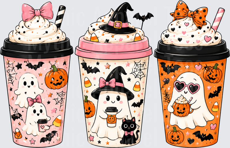 Cute Ghost Halloween Coffee Cup Trio with Whipped Cream Bows Witch Hat Black Cat Pumpkins Bats and Candy Corn Pink and Orange Spooky Latte Set