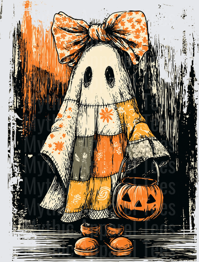 Distressed Halloween Vintage Ghost Girl in Floral Patchwork Dress with Big Bow and Jack-O-Lantern Trick or Treat Bucket