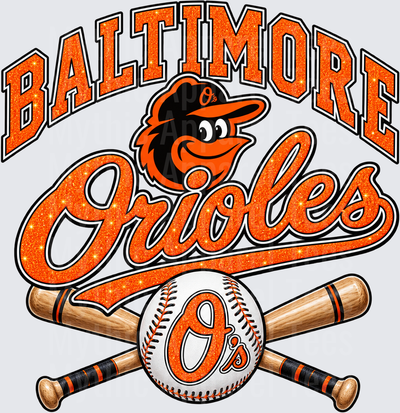 Baltimore Orioles Glitter Orange Arched Lettering with Cartoon Bird Mascot Crossed Bats and O's Baseball