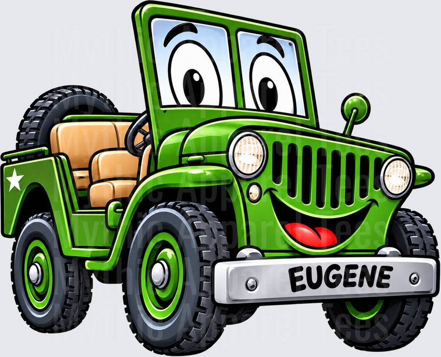 Eugene Jeep Smiling Green Cartoon Military Willys with Eyes and Custom Name Plate