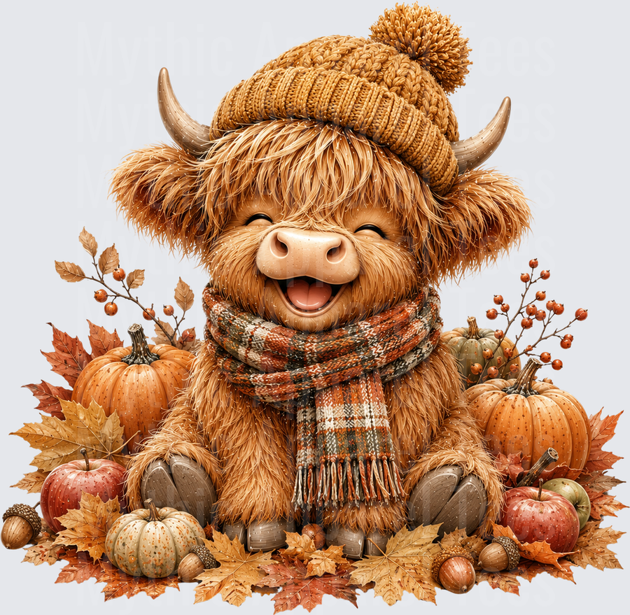 Cute Baby Highland Cow Laughing in Knit Pom Pom Beanie and Plaid Scarf Surrounded by Fall Pumpkins Autumn Leaves Apples and Acorns