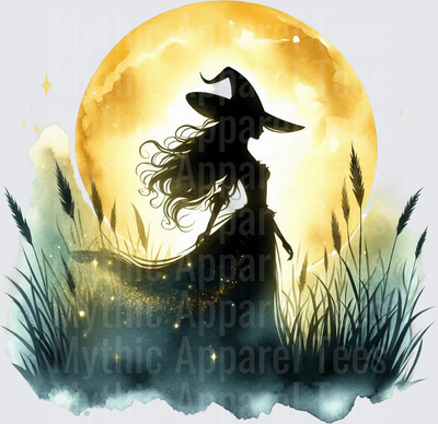 Halloween Gothic Witches Silhouette Golden Moon Meadow Glow