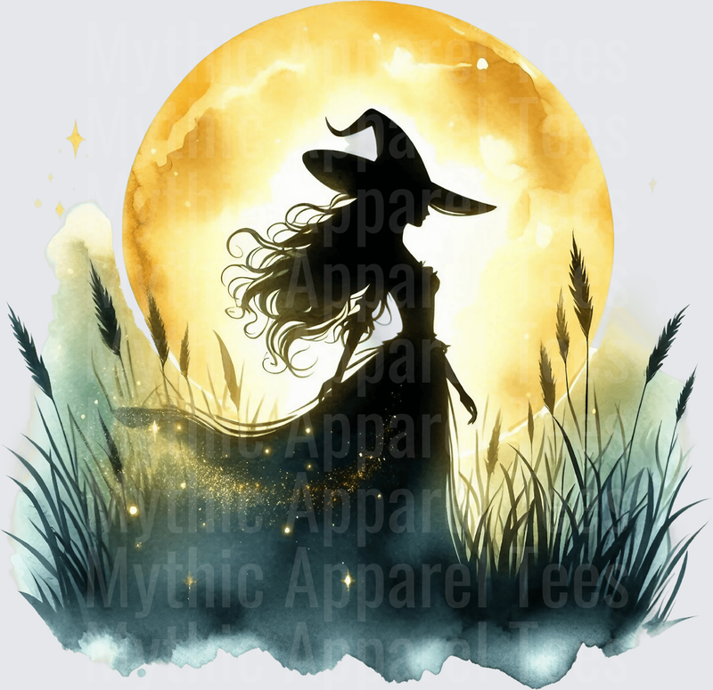 Halloween Gothic Witches Silhouette Golden Moon Meadow Glow