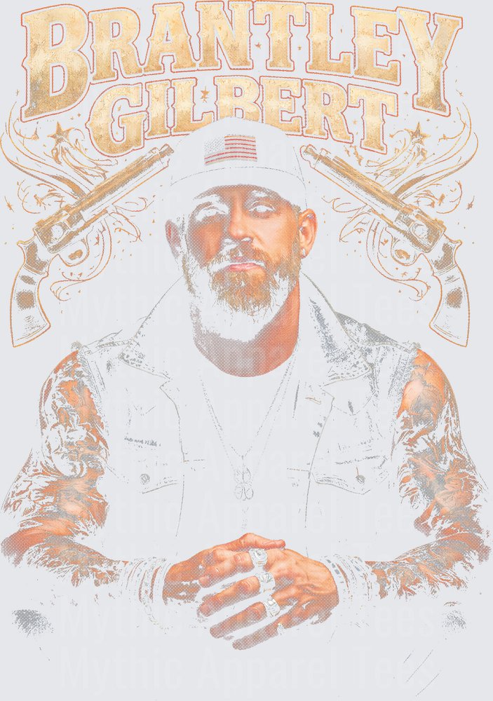 Brantley Gilbert Country Artist Portrait with Crossed Revolvers and American Flag Hat Vintage Bootleg Style Graphic