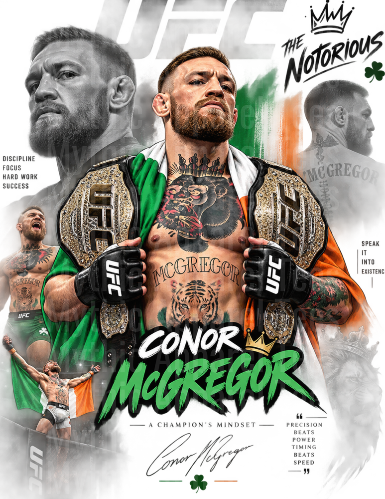 Conor McGregor The Notorious UFC Dual Champion Collage Irish Flag Champion's Mindset Motivational Quote Graphic