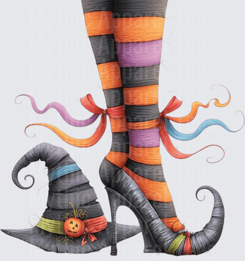 Witch Legs in Orange and Black Striped Stockings with Curly High Heel Boots Colorful Ribbons and Witch Hat with Jack-o-Lantern Halloween Design