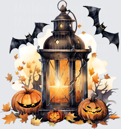 Watercolor Halloween Lantern with Jack-O-Lanterns Bats and Autumn Leaves