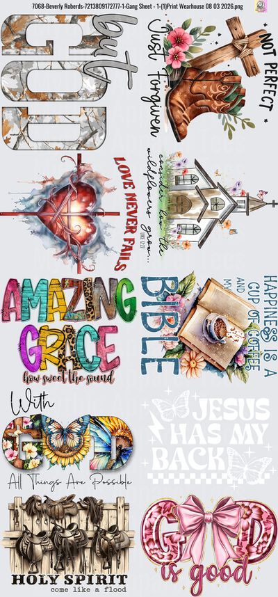 Gang Sheet FULL SIZE DESIGNS Christian Faith Collection Bundle with Cross Cowboy Boots Heart Scripture Designs