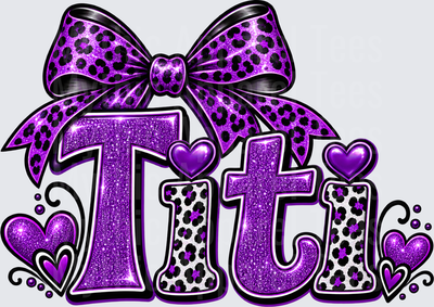 Titi Purple Glitter Leopard Print Bow and Hearts Mixed Font Design