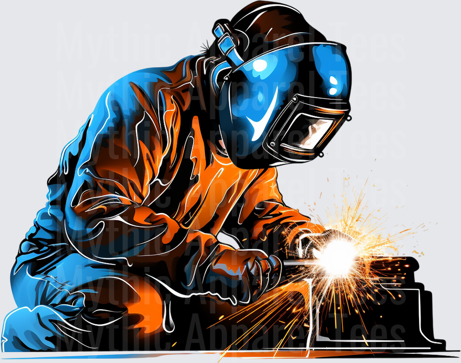 Welder In Blue Jacket And Orange Gear With Blue Helmet Welding Metal With Flying Sparks Pop Art Style