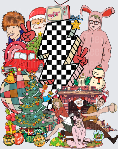 A Christmas Story Holiday Collage with Ralphie Pink Bunny Suit Santa Claus Retro TV Checkered Lightning Bolt Christmas Tree Fireplace Scene