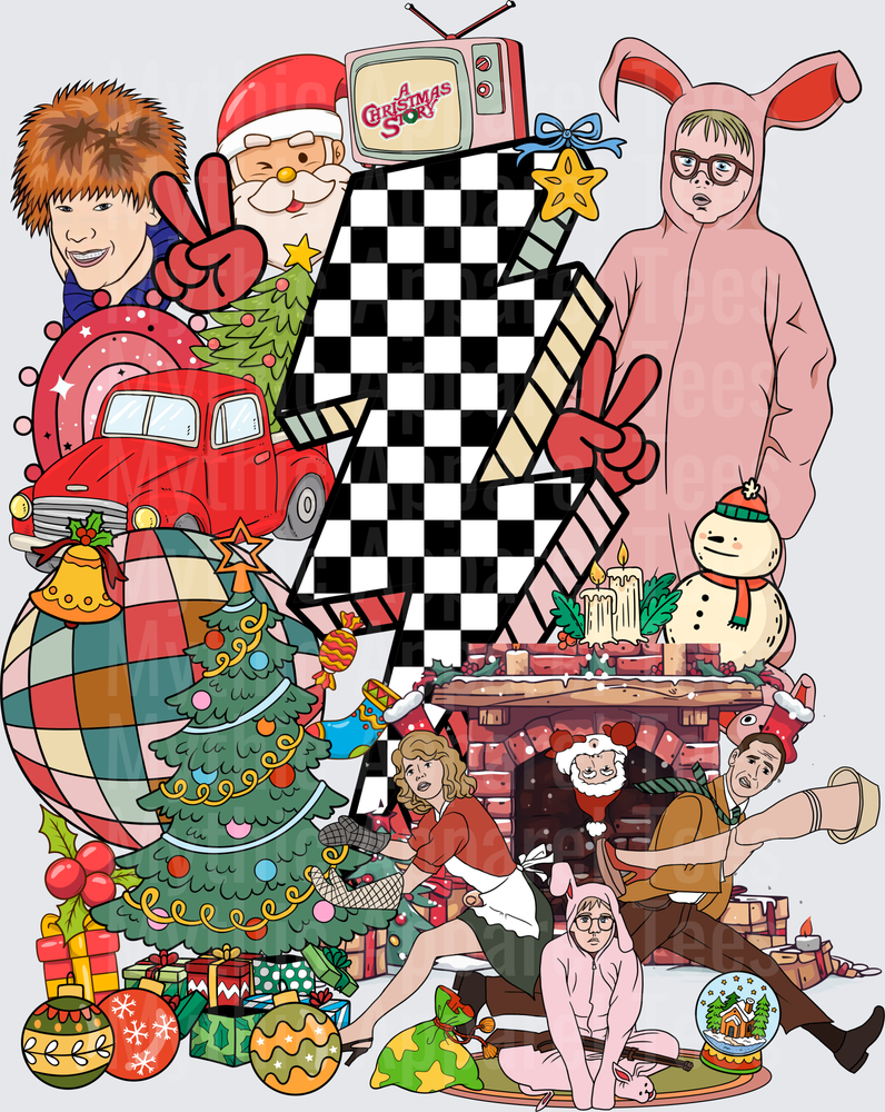 A Christmas Story Holiday Collage with Ralphie Pink Bunny Suit Santa Claus Retro TV Checkered Lightning Bolt Christmas Tree Fireplace Scene