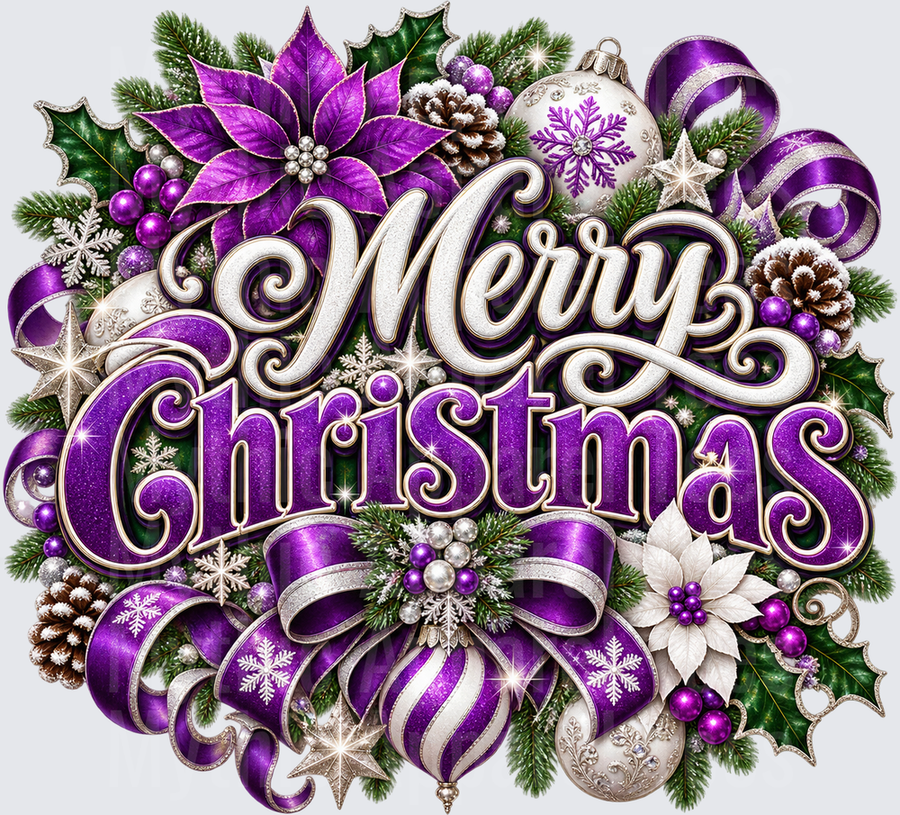 Merry Christmas Purple and Silver Glitter Typography with Poinsettias Holly Ornaments Pine Cones and Ribbon Bow Holiday Design