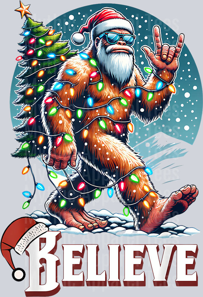 17 Santa Bigfoot Christmas Lights Funny Sasquatch Believe Xmas T-Shirt