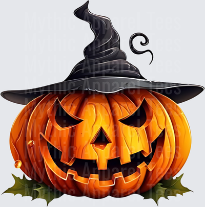 Glowing Jack-O-Lantern Wearing Black Witch Hat with Holly Leaves Halloween Pumpkin