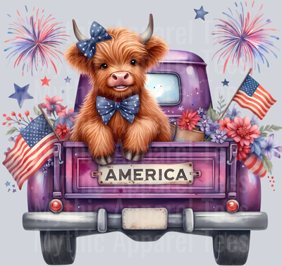 Purple Truck with 2 American Flags and fireworks DTF Patriotic Highland Cow Transfers