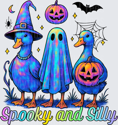 Halloween Spooky and Silly Tie Dye Ducks in Witch Hat Ghost Costume and Jack-o-Lantern with Bat Spider Web Pumpkin