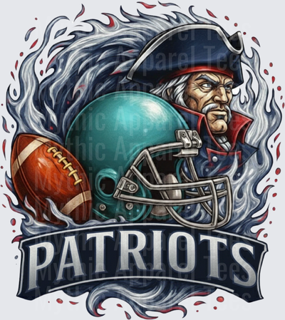 Patriots Colonial Minuteman Mascot with Football and Teal Helmet Flame Swirl Graphic