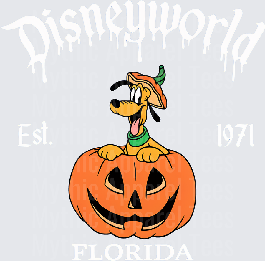 Pluto the Dog Peeking Out of Halloween Jack-O-Lantern Pumpkin with Festive Hat