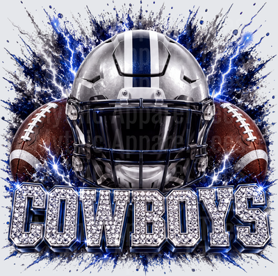 Rhinestone Style NFL Cowboys Silver Helmet Dual Football Blue Lightning Splatter Bling Text Design