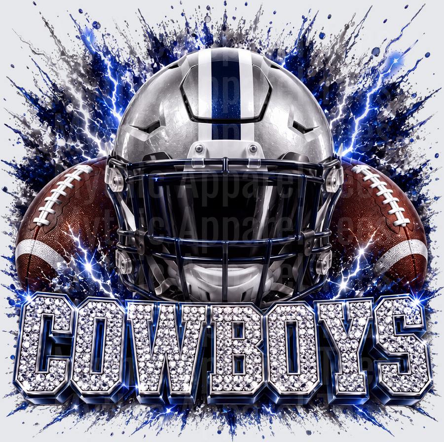 Rhinestone Style NFL Cowboys Silver Helmet Dual Football Blue Lightning Splatter Bling Text Design