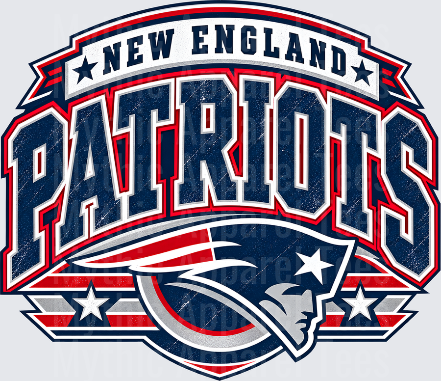 New England Patriots Bold Vintage Badge Logo with Pat Patriot Mascot Navy Red and Silver Stars
