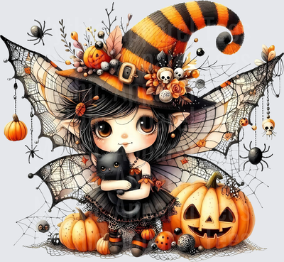Cute Chibi Witch Fairy Girl Holding Black Cat with Jack-O-Lantern Pumpkins Spiderwebs and Spiders Halloween Design