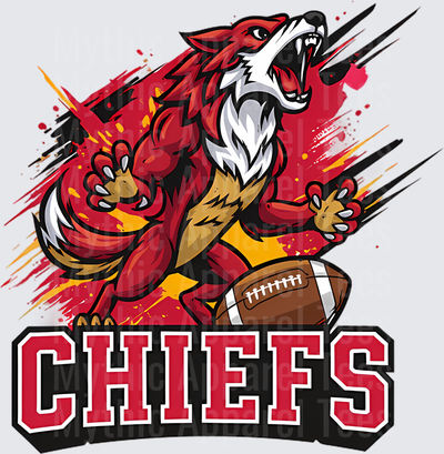 Fierce Red Wolf Mascot with Football and Bold Chiefs Lettering on Grunge Splatter Background