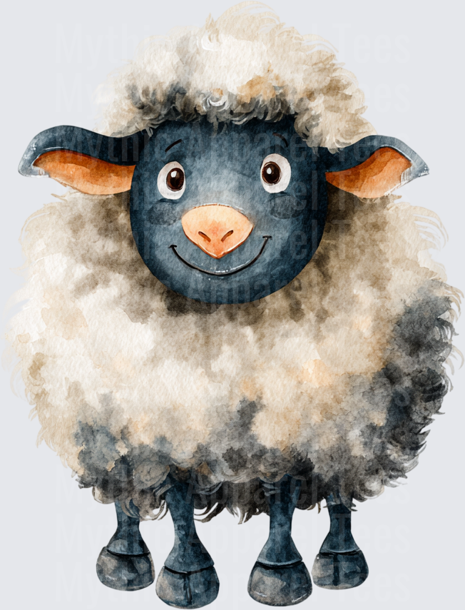 Cute Watercolor Smiling Sheep with Fluffy Cream and Gray Wool