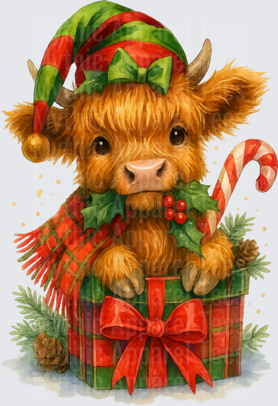 Highland Christmas Cow Elf Hat Gift Box Holly Candy Cane