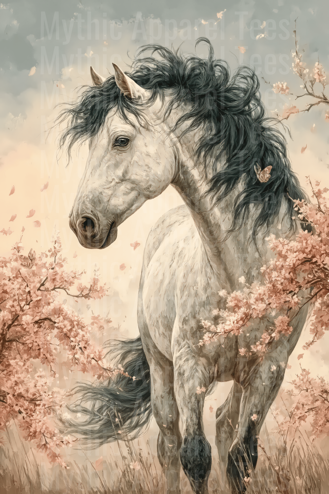 Majestic White Horse with Dark Flowing Mane Among Pink Cherry Blossoms