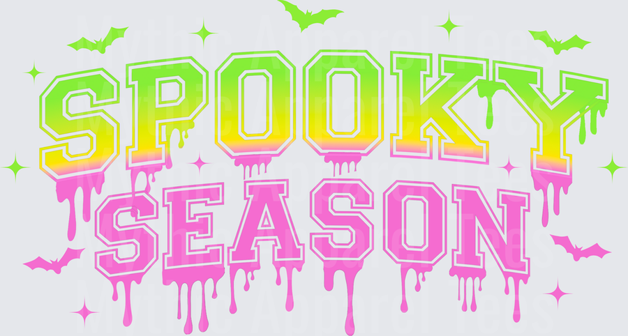 Halloween Spooky Season Dripping Varsity Letter collegiate Typography with Bats and Sparkles Neon Green Pink Gradient Slime Drip Halloween Design
