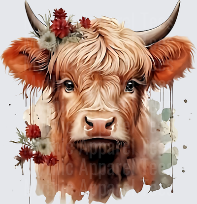 Highland Christmas Cow Watercolor Floral Portrait with Horns