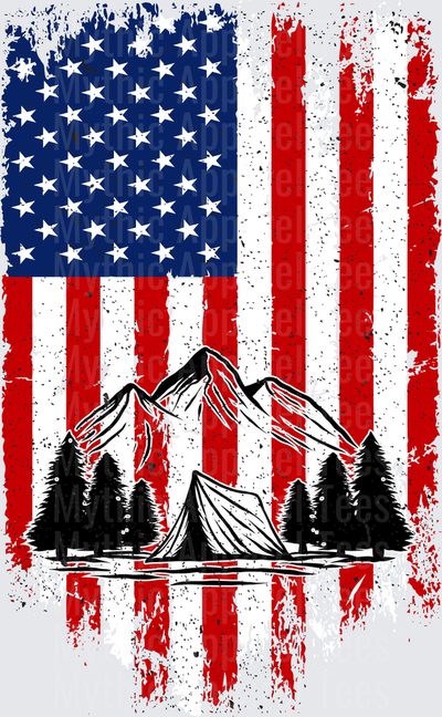 Distressed American Flag Mountain Camping Tent Pine Trees Patriotic Outdoor Wilderness Scene